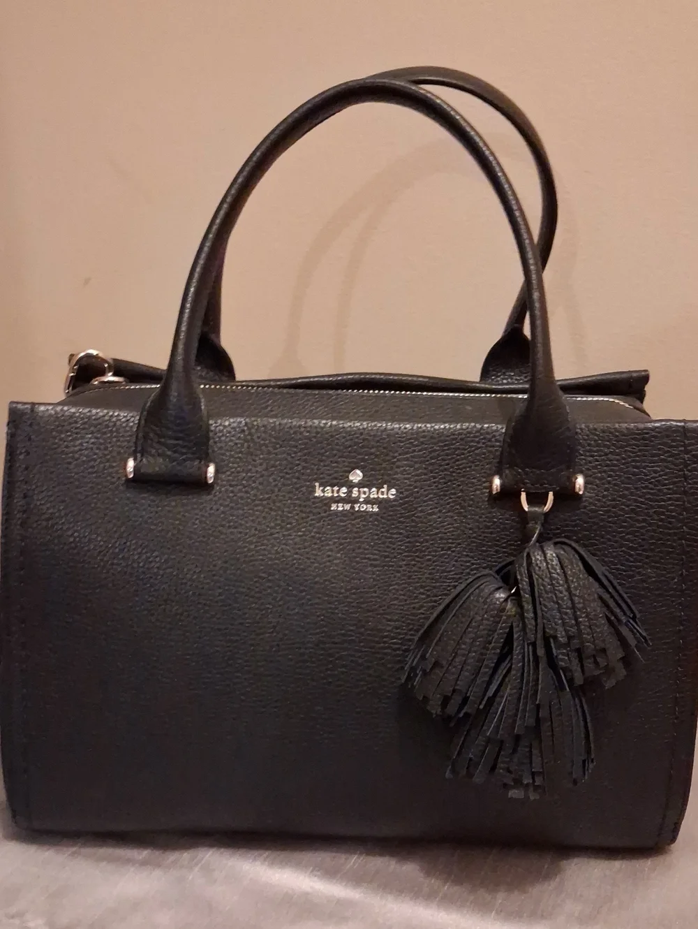 Nwt kate spade Black Pebbled Leather Satchel with Tassel Accent